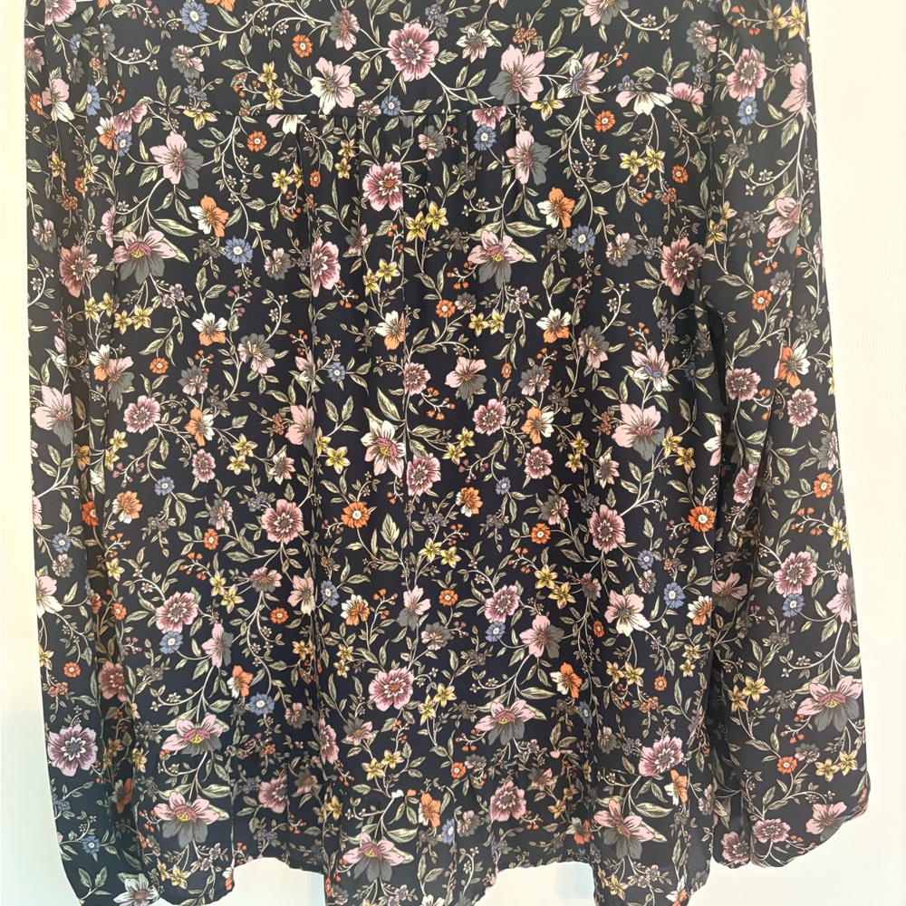 LOFT Black Floral Long-Sleeve Blouse with Pink & Orange Accents
